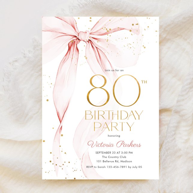 Invitación Elegant Pink Bow 80th Birthday Invitation (Subido por el creador)
