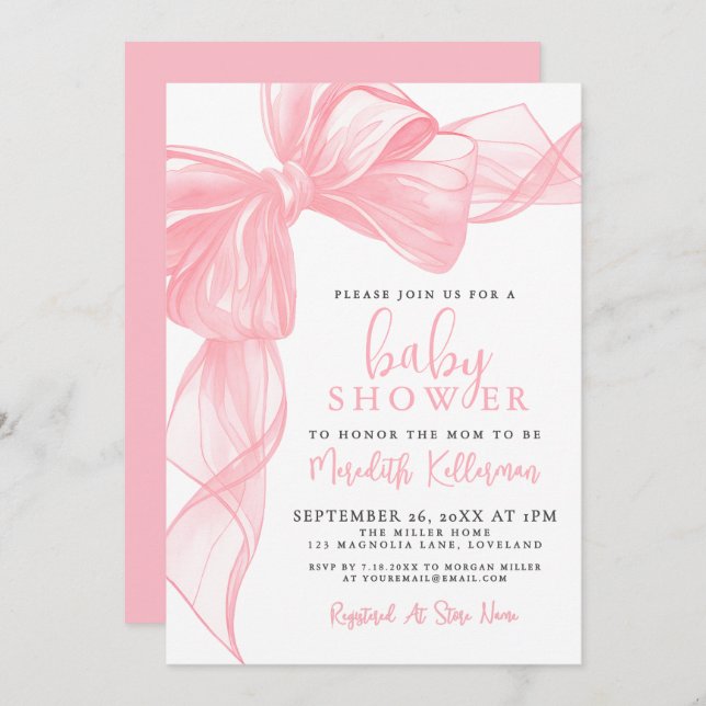 Invitación Elegant Pink Bow Baby Shower (Anverso / Reverso)