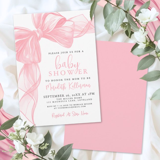 Invitación Elegant Pink Bow Baby Shower (Elegant Pink Bow Baby Shower Invitation)