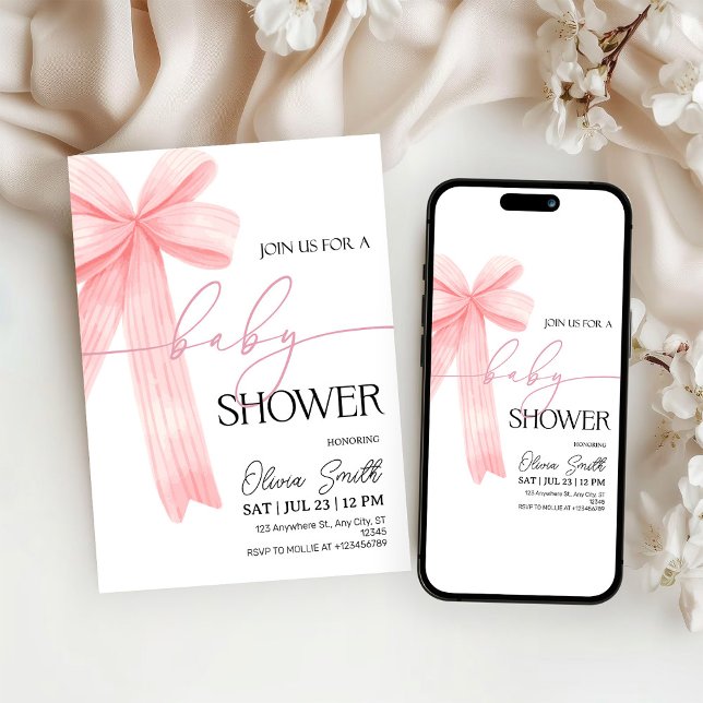 Invitación Elegant Pink Bow Baby Shower Invitation (Subido por el creador)