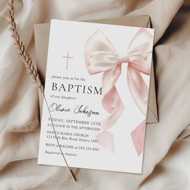 Invitación Elegant Pink Bow Baptism Girl Invitation (Subido por el creador)