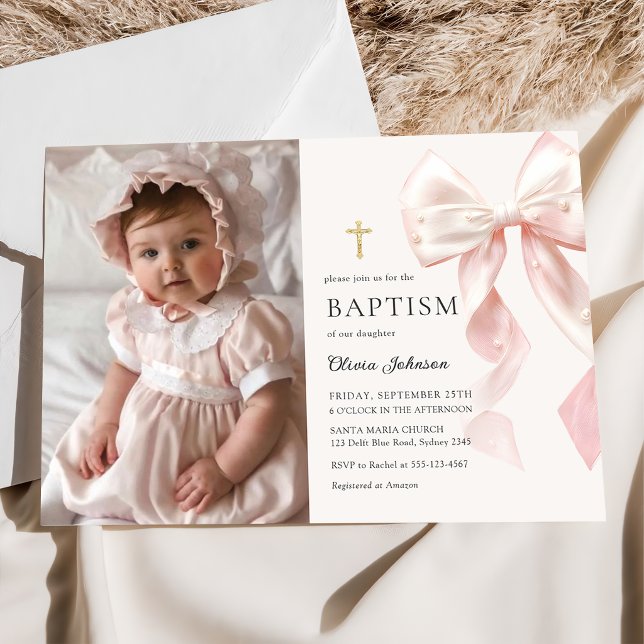 Invitación Elegant Pink Bow Baptism Girl Photo Invitation (Subido por el creador)