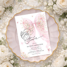 Invitación Elegant Pink Bow Bloom Butterfly Baby Shower