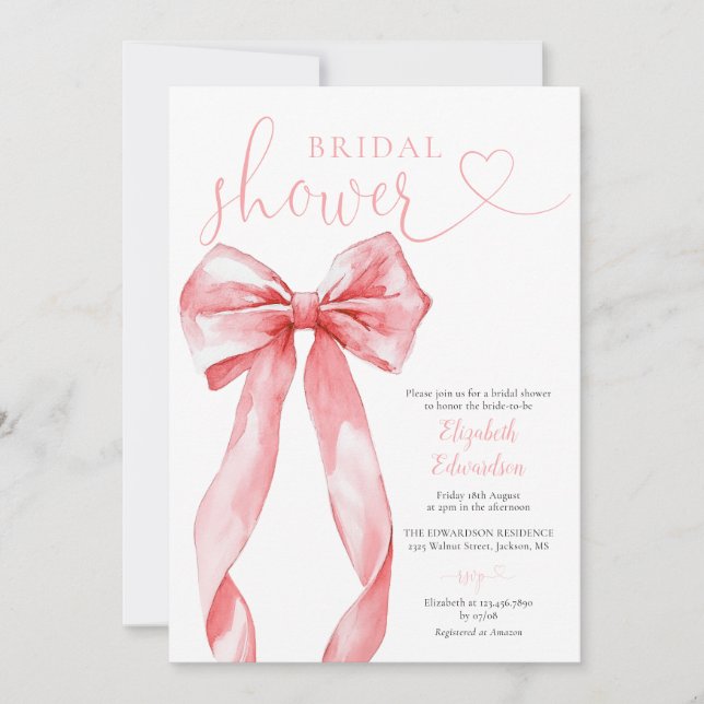 Invitación Elegant Pink Bow Bridal Shower (Anverso)