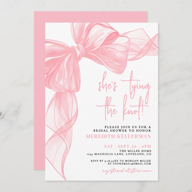 Invitación Elegant Pink Bow Bridal Shower (Anverso / Reverso)