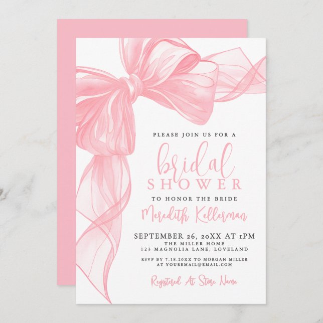 Invitación Elegant Pink Bow Bridal Shower (Anverso / Reverso)