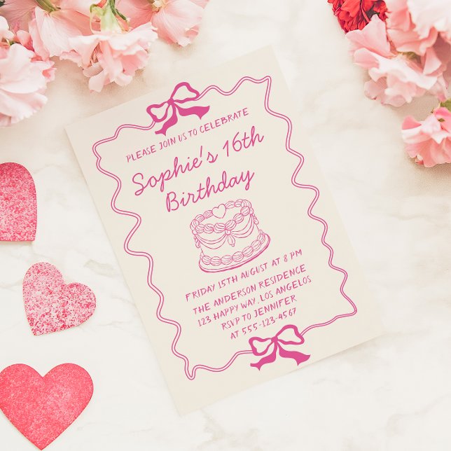Invitación Elegant Pink Bow & Cake Sweet 16 Birthday Party (Subido por el creador)
