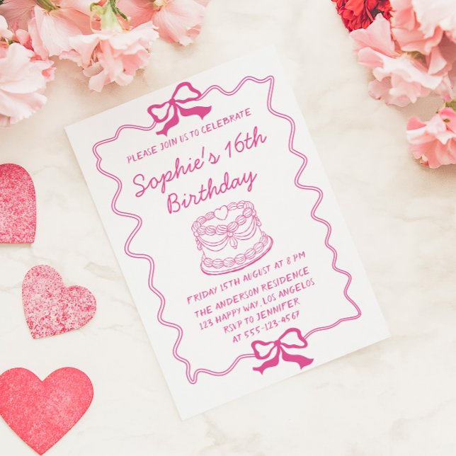 Invitación Elegant Pink Bow & Cake Sweet 16 Birthday Party (Subido por el creador)