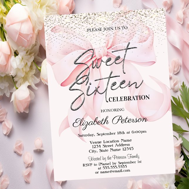 Invitación Elegant Pink Bow Confetti Sweet 16 (Subido por el creador)