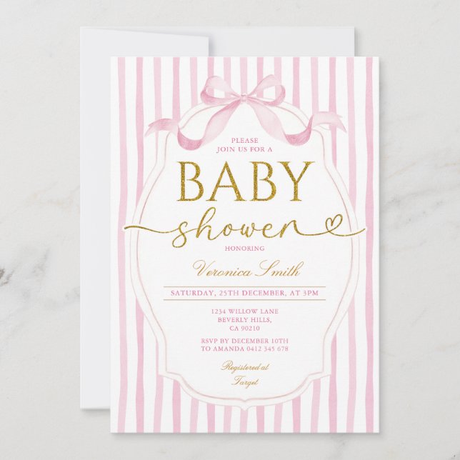 Invitación Elegant Pink Bow Coquette Girl Baby Shower Stripe (Anverso)