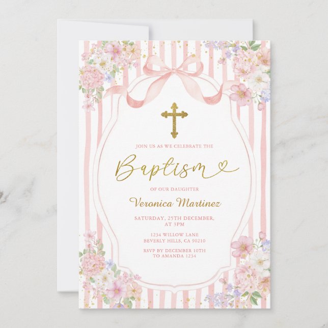 Invitación Elegant Pink Bow Coquette Girl Baptism Floral Gold (Anverso)