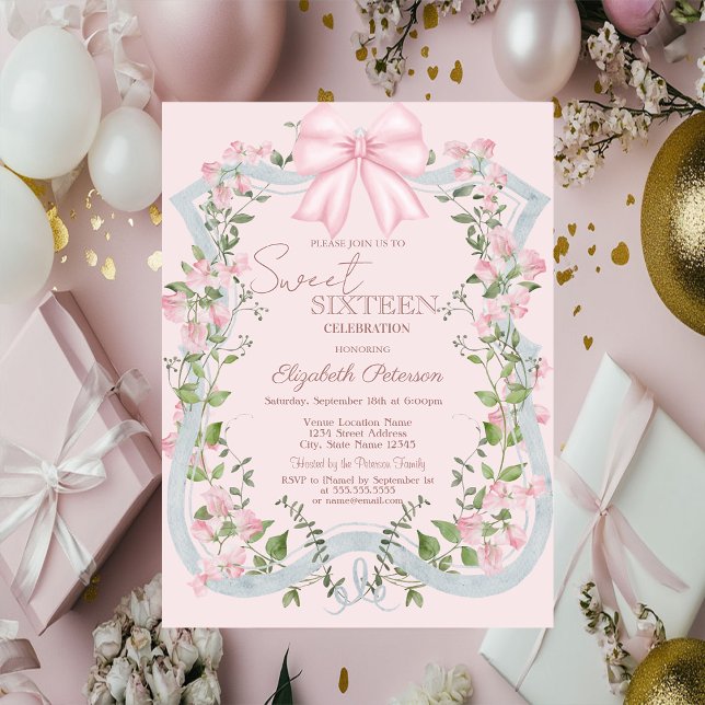 Invitación Elegant Pink Bow Floral Frame Sweet 16   (Subido por el creador)