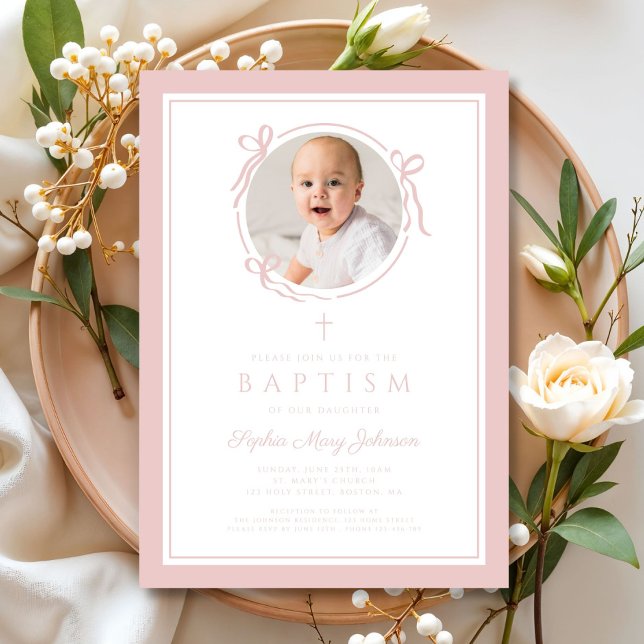 Invitación Elegant Pink Bow Girl Photo Baptism (Elegant Pink Bow Girl Photo Baptism Invitation)