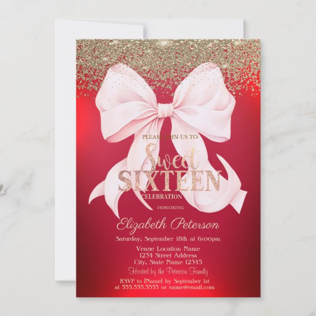 Invitación Elegant Pink Bow Gold Diamond Red Sweet 16  (Anverso)