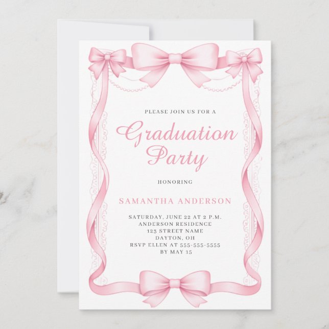 Invitación Elegant Pink Bow Graduation Party (Anverso)