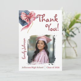 Invitación Elegant Pink Bow Graduation Thank You Card 