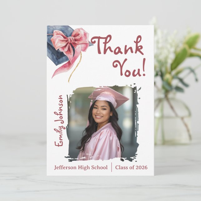 Invitación Elegant Pink Bow Graduation Thank You Card  (Anverso de pie)