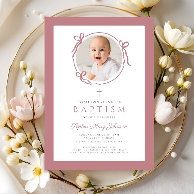 Invitación Elegant Pink Bow Photo Baptism (Elegant Pink Bow Photo Baptism Invitation)