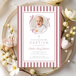Invitación Elegant Pink Bow Photo Girl Baptism