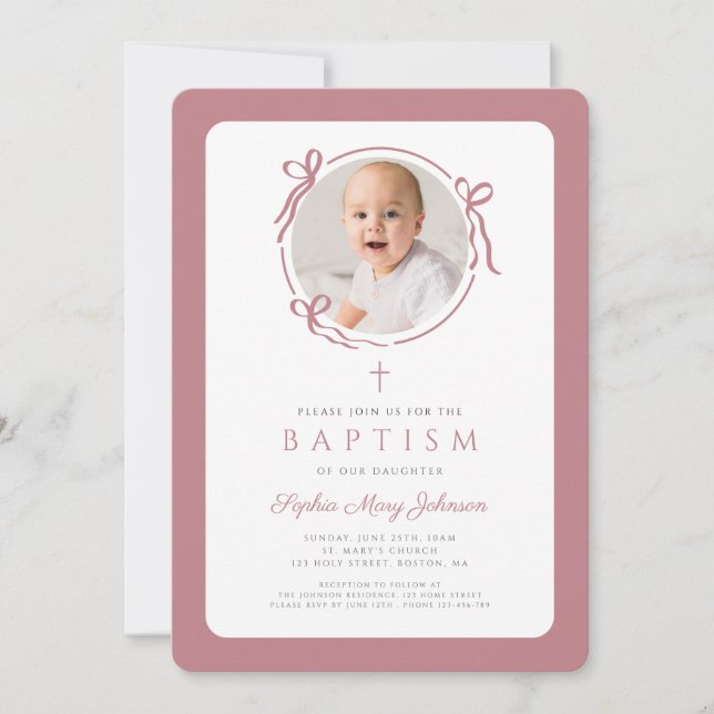 Invitación Elegant Pink Bow Photo Girl Baptism (Anverso)