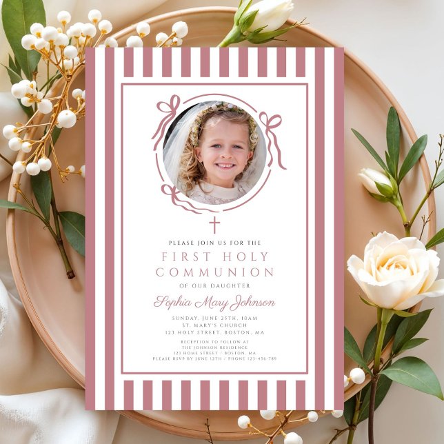 Invitación Elegant Pink Bow Photo Girl First Communion (Elegant Pink Bow Photo Girl First Communion Invitation)