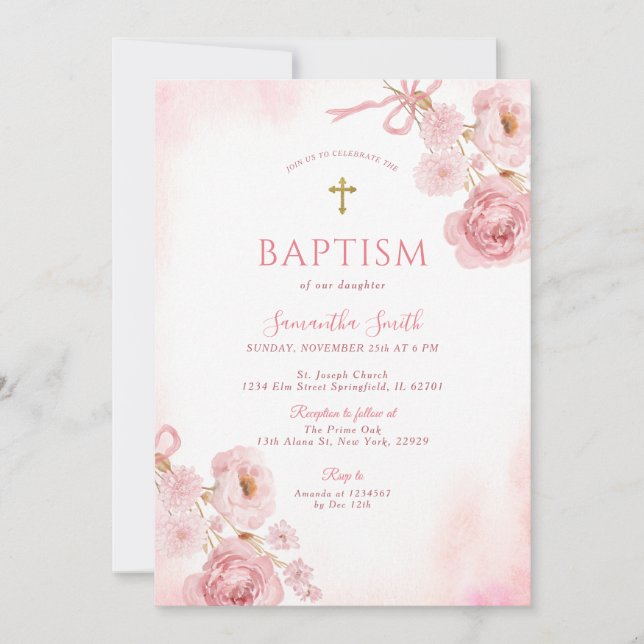 Invitación Elegant Pink Bow Rose Floral Cross Girl Baptism (Anverso)