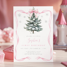 Invitación Elegant Pink Bow Winter Onederland First Birthday