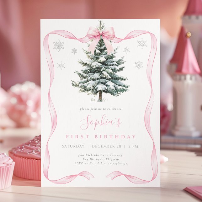Invitación Elegant Pink Bow Winter Onederland First Birthday (Subido por el creador)