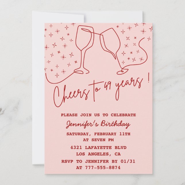 Invitación Elegant Pink Cheers Champagne 49 cumpleaños (Anverso)