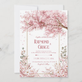 Invitación Elegant Pink Cherry Blossom Eucalyptus Gold Frame