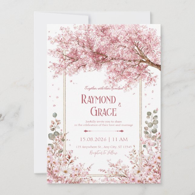 Invitación Elegant Pink Cherry Blossom Eucalyptus Gold Frame (Anverso)