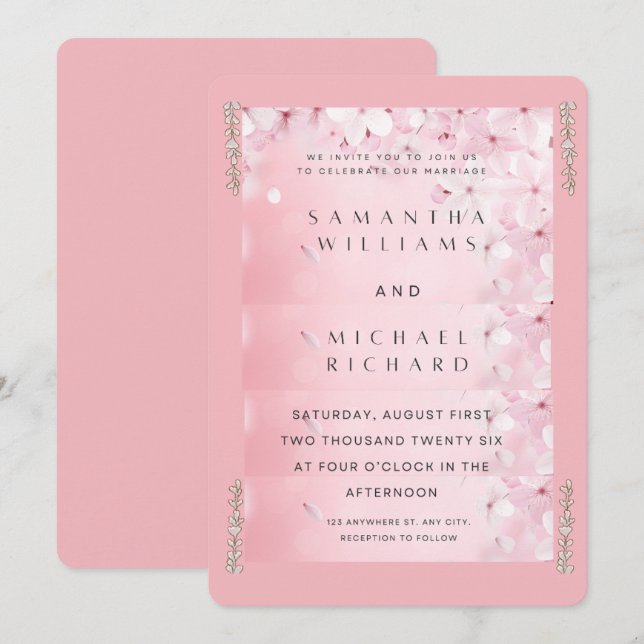 Invitación Elegant Pink Cherry Blossom Wedding Invitation - C (Anverso / Reverso)