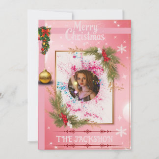 Invitación Elegant Pink Christmas Card with Custom PhotoFrame