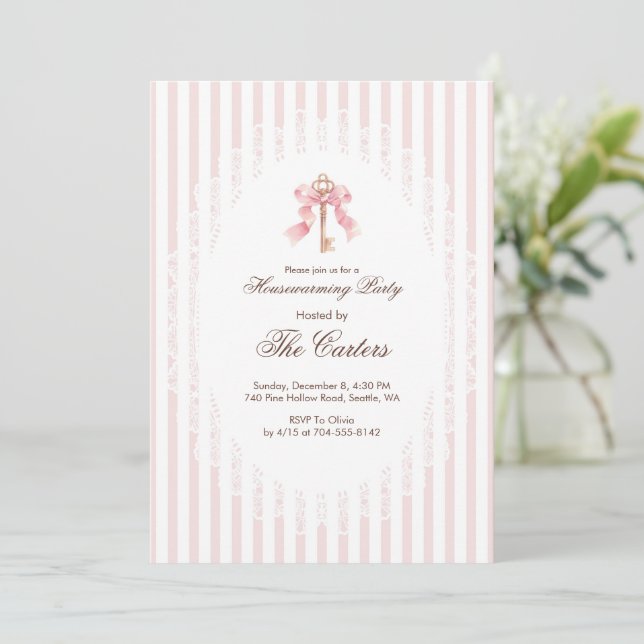 Invitación Elegant Pink Coquette Gold Key Housewarming (Anverso de pie)