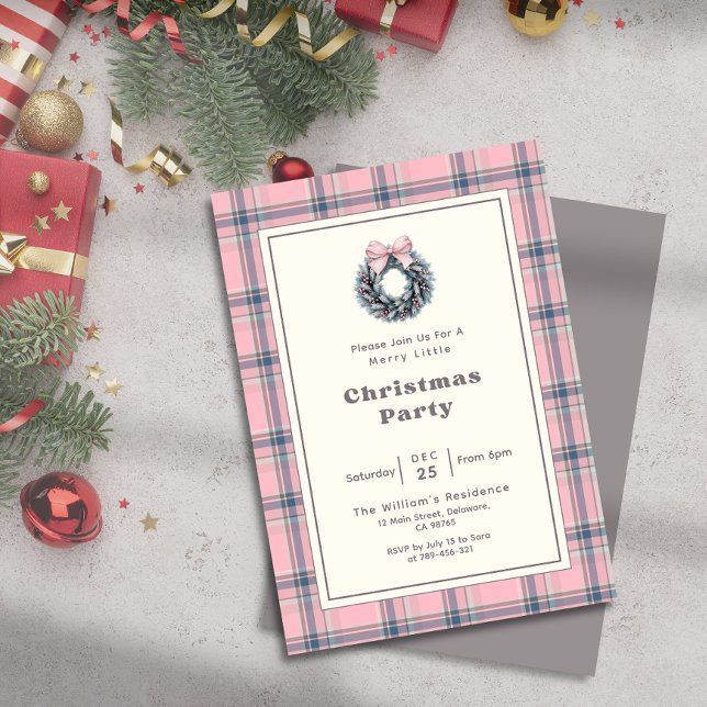 Invitación Elegant Pink Coquette Wreath Plaid Christmas Party (Elegant Pink Coquette Wreath Plaid Christmas Party Invitation)