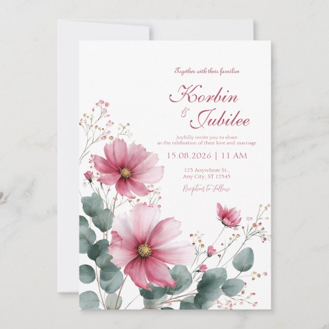 Invitación Elegant Pink Cosmos Eucalyptus Watercolor (Anverso)