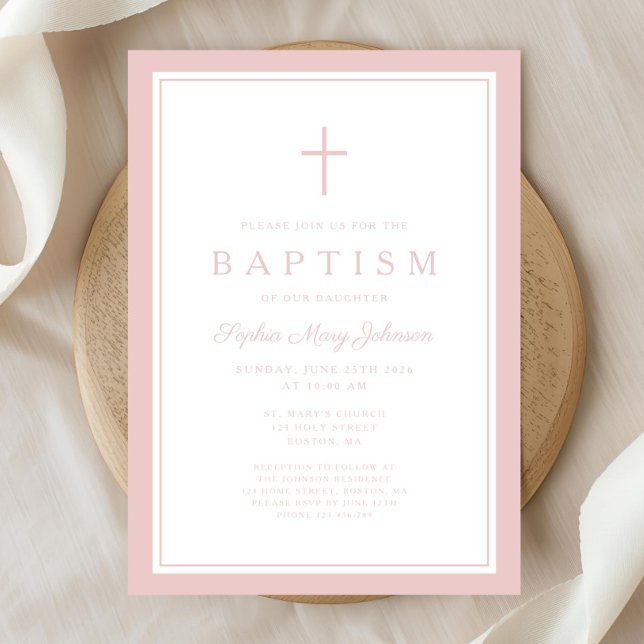 Invitación Elegant Pink Cross Baby Girl Baptism (Elegant Pink Cross Baby Girl Baptism Invitation)