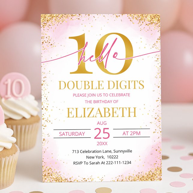 Invitación Elegant Pink Double Digits Girl 10th Birthday  (Subido por el creador)