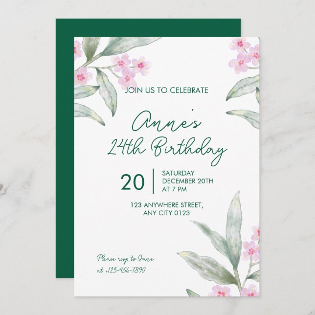 Invitación Elegant Pink Floral 24th Birthday Invitation (Anverso / Reverso)