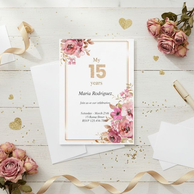 Invitación Elegant Pink Floral and Gold Sweet 15 Invitation (Subido por el creador)