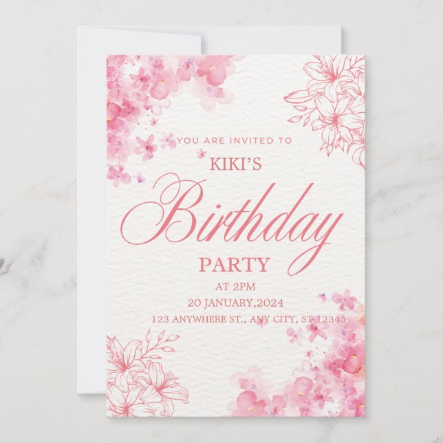 Invitación Elegant Pink Floral Birthday Invitation (Anverso)