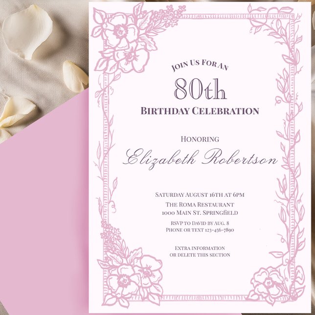 Invitación Elegant Pink Floral Border Women's 80th Birthday  (Subido por el creador)