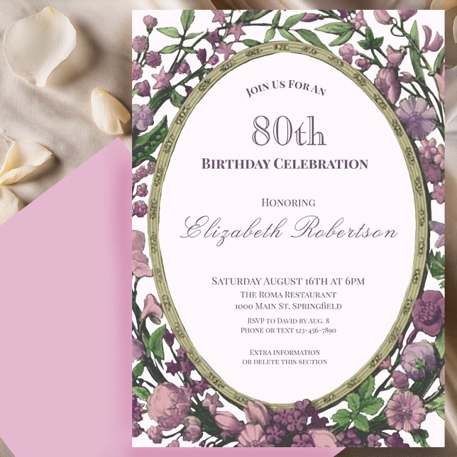 Invitación Elegant Pink Floral Border Women's 80th Birthday  (Subido por el creador)