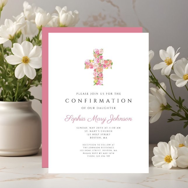Invitación Elegant Pink Floral Cross Girl Confirmation (Elegant Pink Floral Cross Girl Confirmation Invitation)