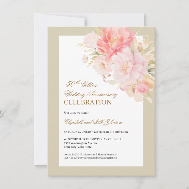Invitación Elegant Pink Floral Gold 50th Wedding Anniversary (Anverso)