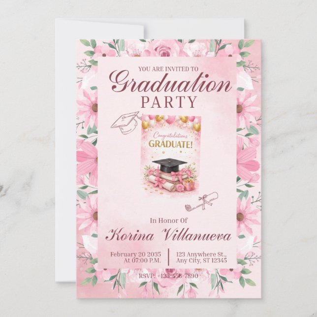 Invitación Elegant Pink Floral Graduation Party Invitation (Anverso)