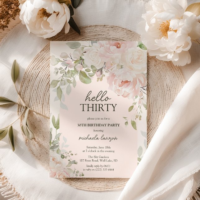 Invitación Elegant Pink Floral 'Hello Thirty' 30th Birthday (Subido por el creador)