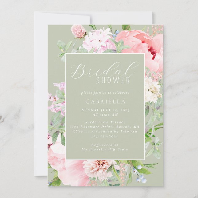 Invitación Elegant Pink Floral Light Sage Green Bridal Shower (Anverso)