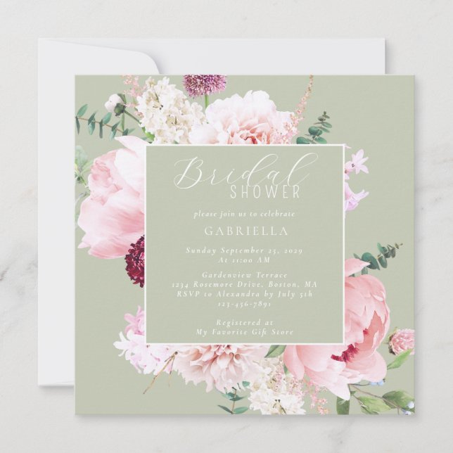 Invitación Elegant Pink Floral Light Sage Green Bridal Shower (Anverso)