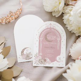 Invitación Elegant Pink Florals Moon Stars Tiara Quinceañera